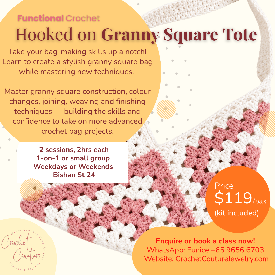 Granny Square crochet class - Take your bag-making skills up a notch! Learn to create a stylish granny square bag while mastering new techniques.
Master granny square construction, colour changes, joining, weaving and finishing techniques — building the skills and confidence to take on more advanced crochet bag projects.
2 sessions, 2hrs each. 1 on 1 or small group weekeday or weekend classes. Location: Bishan St 24.