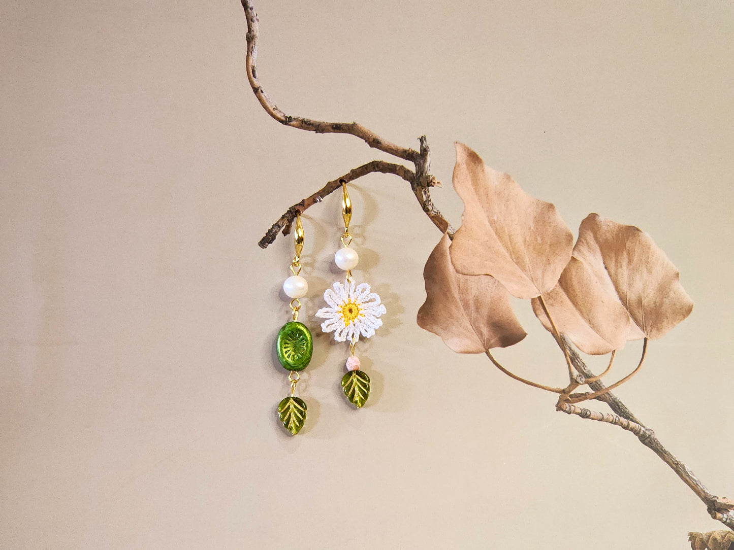 Handcrafted Daisies micro-crochet earrings with vintage leaf glass beads & freshwater pearls