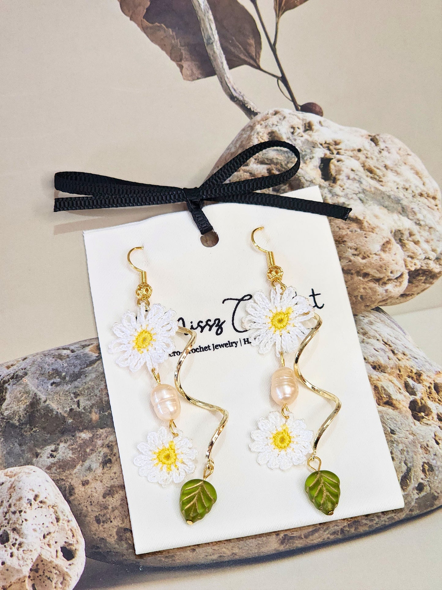 Handcrafted daisies micro-crochet chandelier earrings with freshwater pearls and Czech glass beads. 14K & 18K gold-plated hooks & findings.