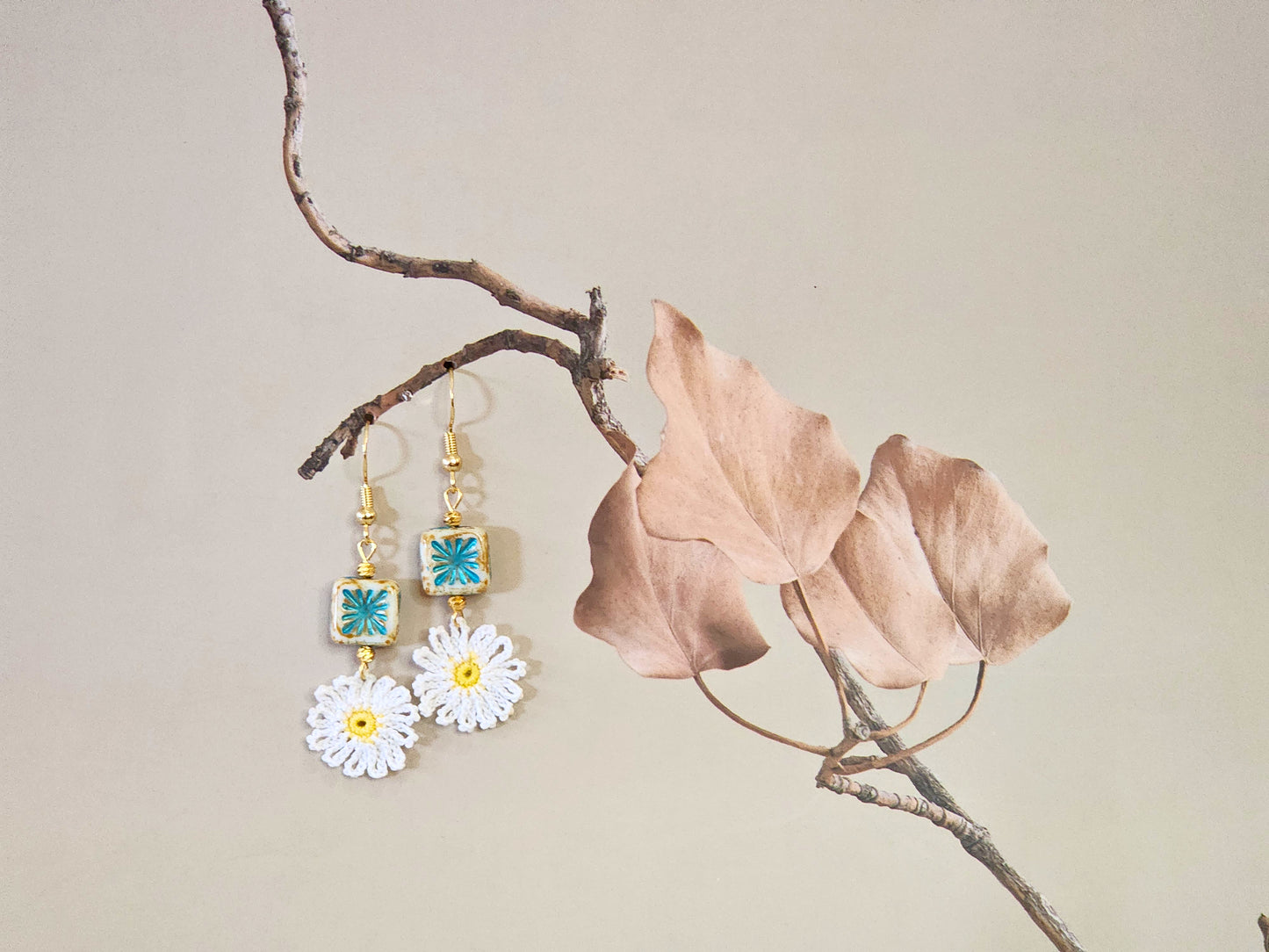 Handcrafted micro-crochet daisies accented with vintage Czech glass beads and 18K gold-plated beads & hooks