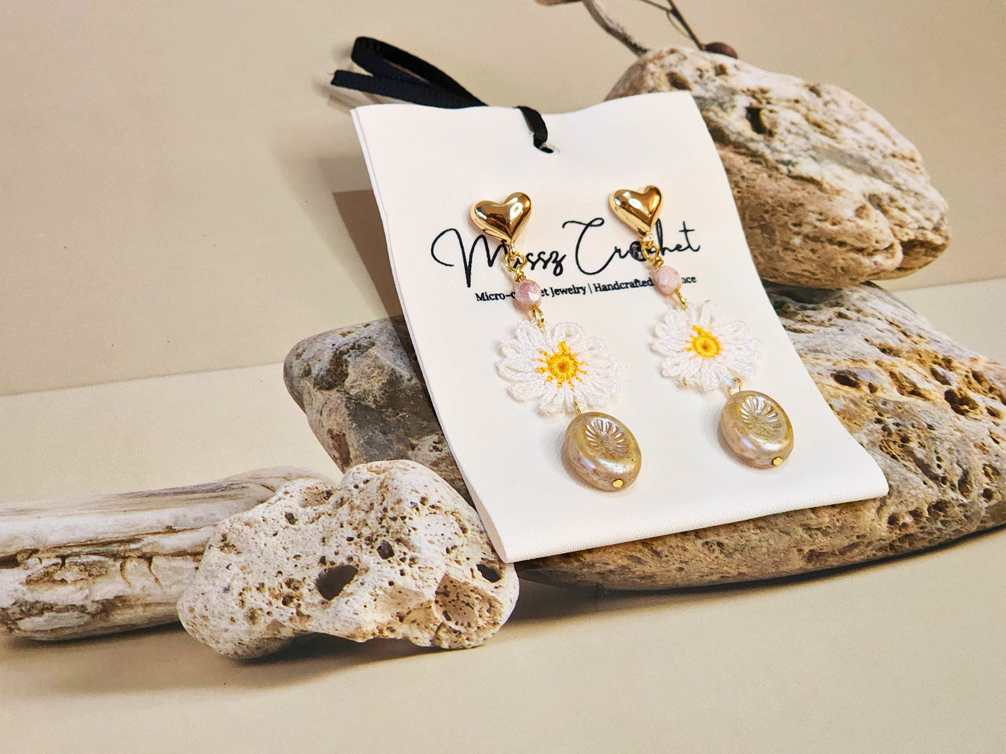 Handcrafted micro-crochet daisies accented with vintage Czech crystals and glass beads on 18K gold-plated hooks