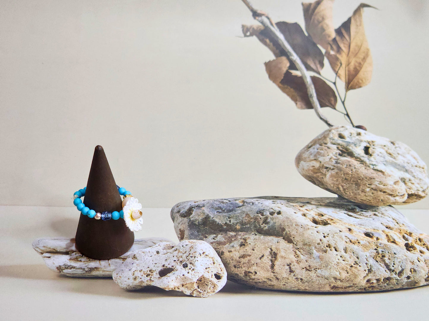 Blue Turquoise Beaded Ring with Pearl and Micro-crochet Daisy - Gemstone of Life