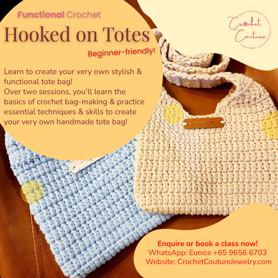 Get hooked with our Tote Bag crochet class! Beginner-friendly, one-on-one/small group, fully guided. Materials included. Home studio Bishan. Enquire or book now!
