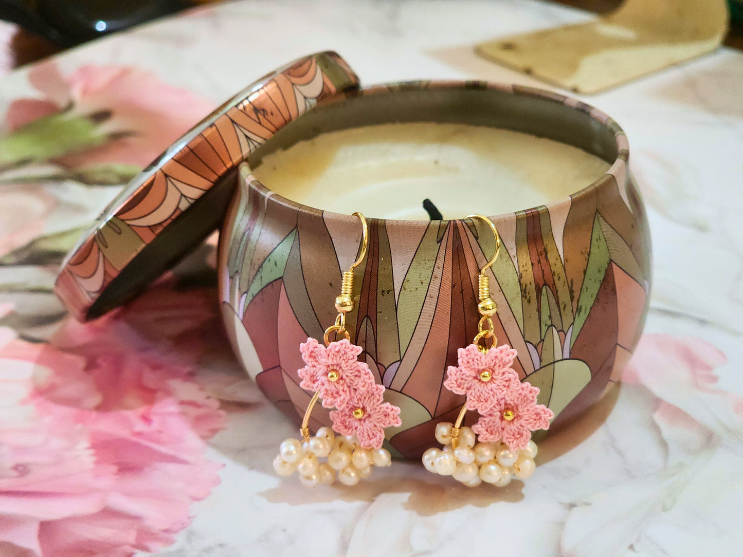Handcrafted pink Sakura with cluster of pearls micro-crochet earrings