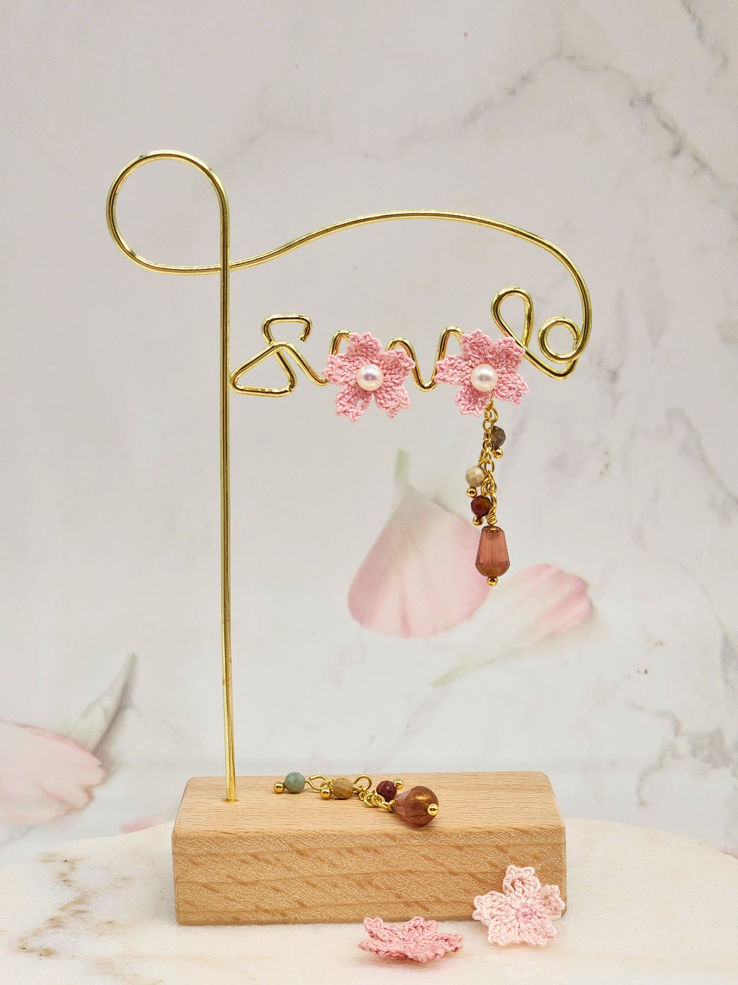 Micro crochet Sakura, lustrous 4.5–5mm freshwater Akoya pearls. A chandelier of natural Alashan stones and Czech crystals. Multi-wear -one pair, four looks. Look 4 - pearl with Sakura blossom.
