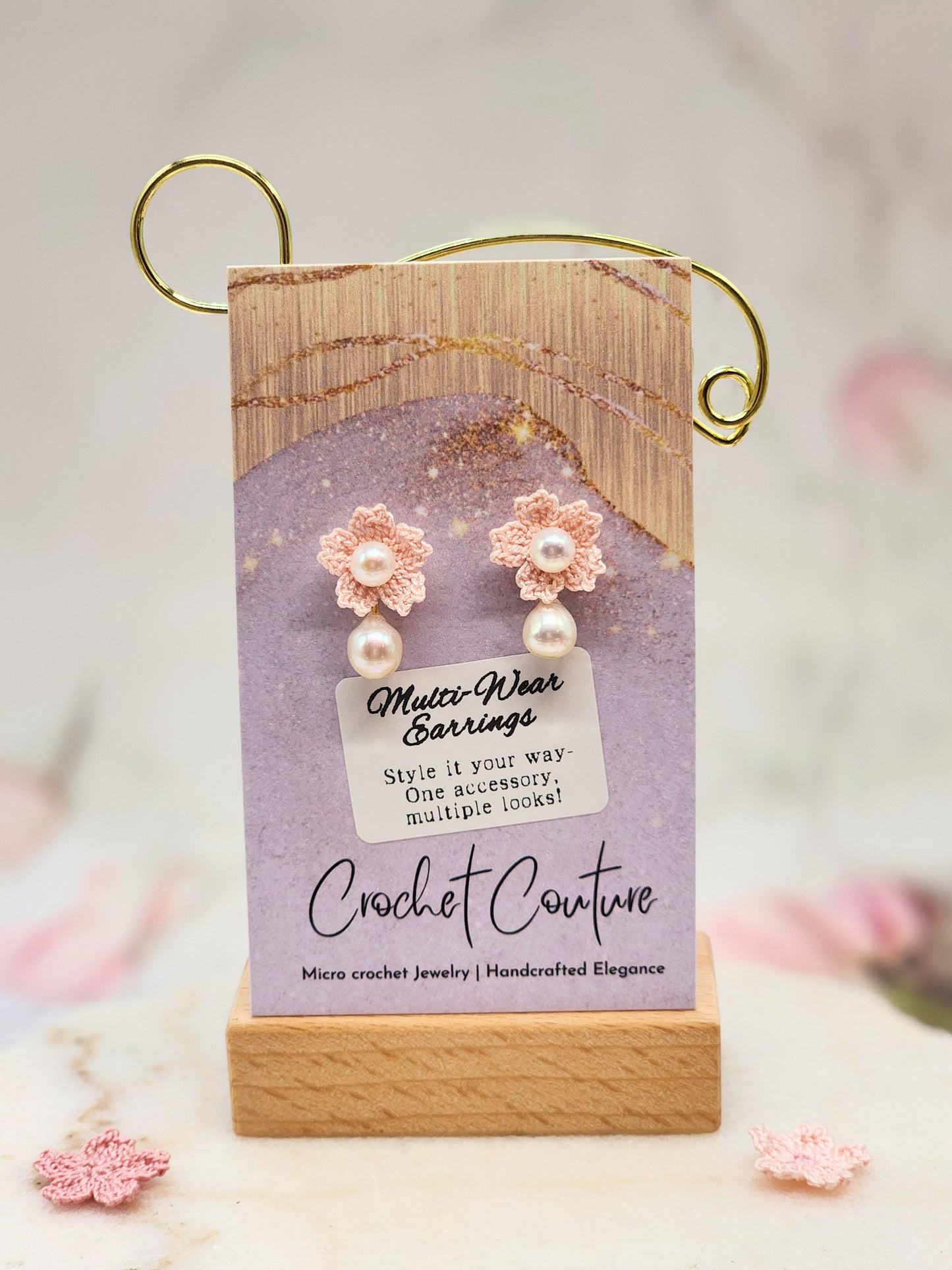 Micro crochet Sakura blossoms with Aurora & Akoya pearls. Versatile multi-wear earrings - one pair, four looks. 4th look - full earrings with micro-crochet Sakura and pearls.