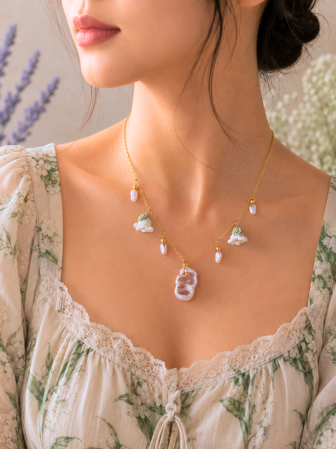Handcfrafted vintage-style necklace featuring a centrepiece purple-pink metallic Baroque pearl, flanked by pink baroque pearls and micro crochet white lily of the valley blooms. 18K gold-plated titanium stell chain.
