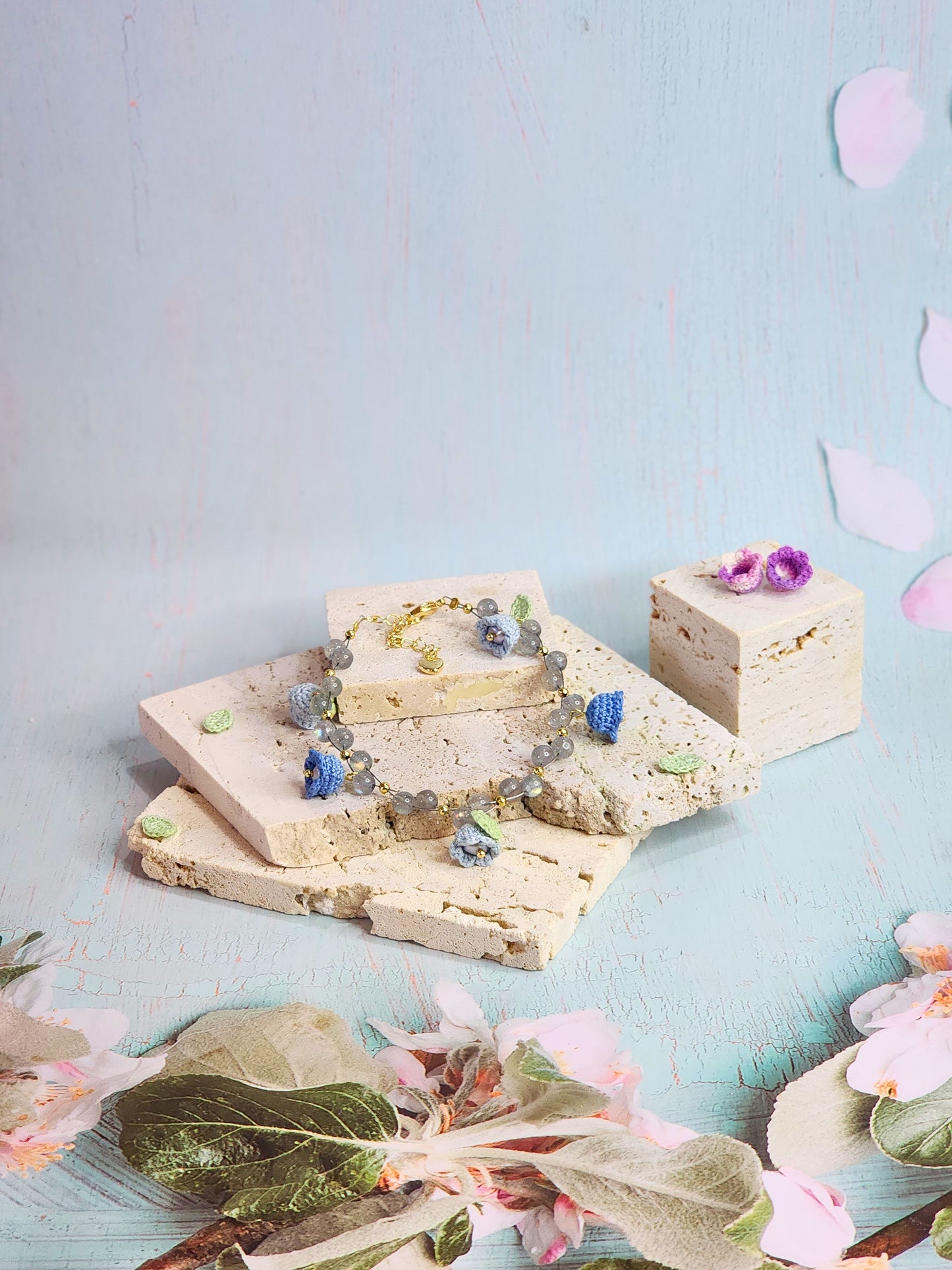 Natural Labradorite crystals with handcrafted micro-crochet Blue Lilies of the Valley with freshwater pearls bracelet