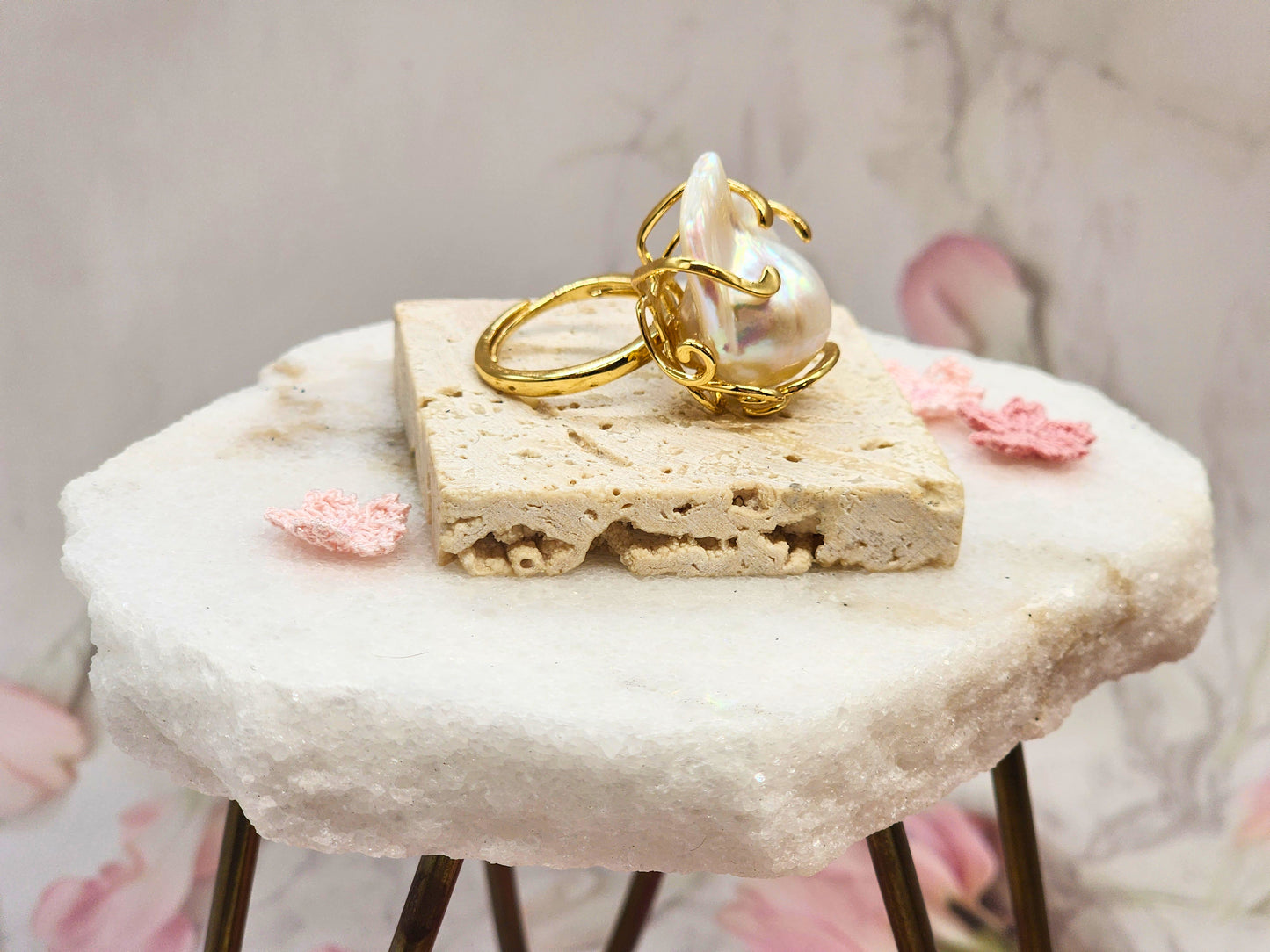 A grand 19x25mm Baroque Pearl Ring. Lustrous with a pink overtone. Flawless. Set on an 18K gold-plated band with intricate detailing.
