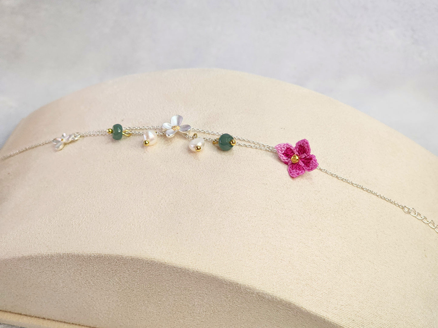 Natural Jadeite and Pearls bracelet with pink handcrafted micro-crochet peach blossoms on S925 bracelet