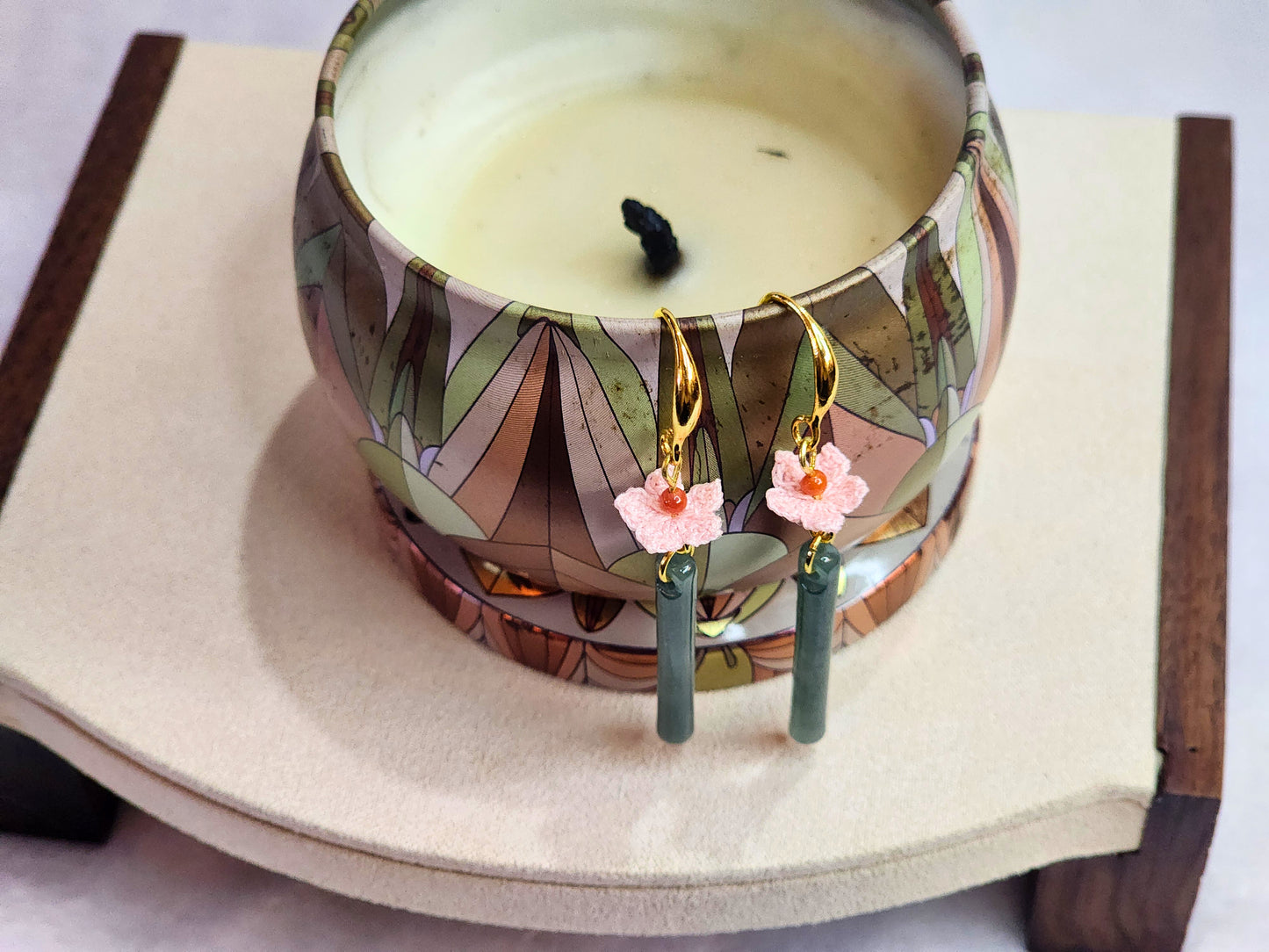 Natural Jadeite and Red Agate earrings with pink handcrafted micro-crochet peach blossoms on 18K gold-plated ear hooks