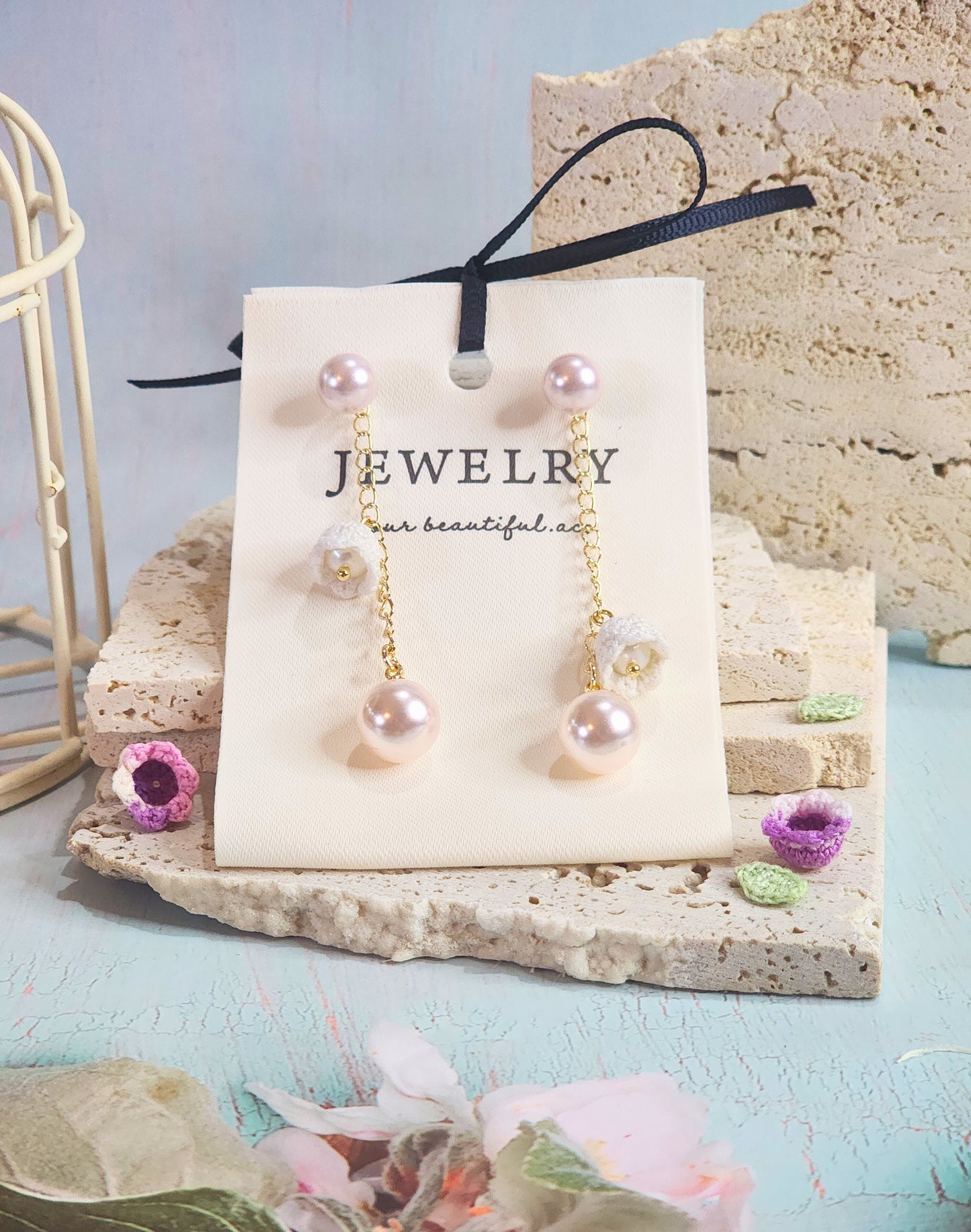 Pink-white Aurora Freshwater Pearls with Micro-crochet Lilies of the Valley Chandelier Earrings