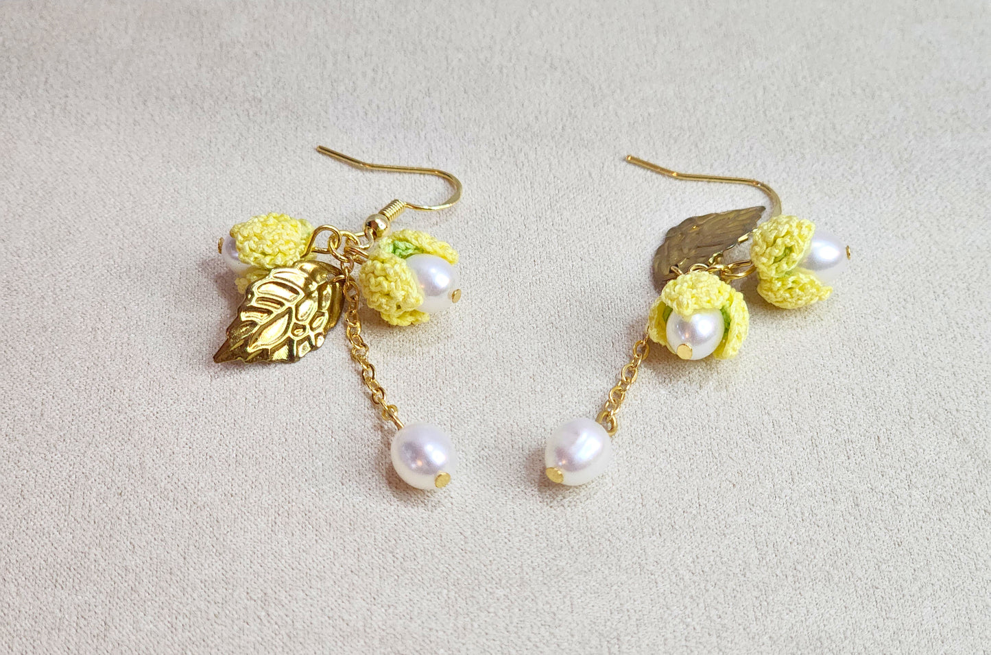 Yellow Snowdrops & Pearls Micro-crochet Earrings - Day to Night Look
