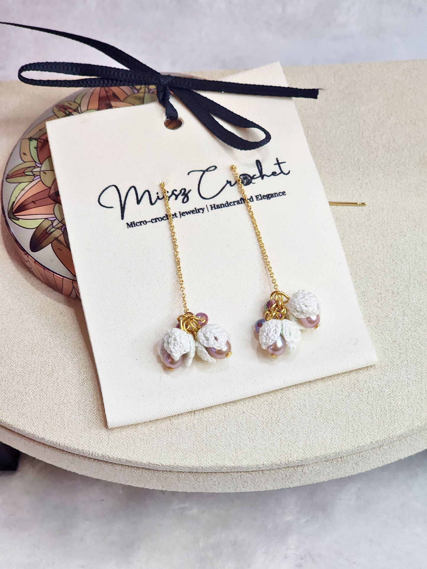 Pure Snowdrops & Pink-Purple Pearls Micro-crochet Earrings - Beauty in Simplicity
