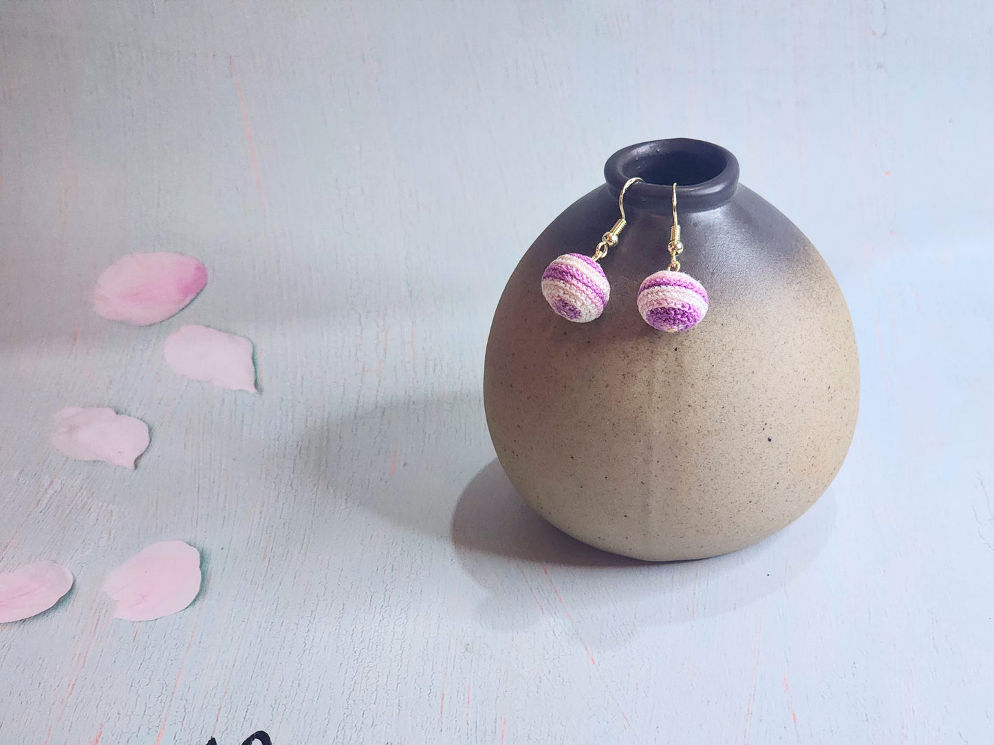 Handcrafted micro-crochet Taro Pastry earrings. Set with 18K gold-plated ear hooks.