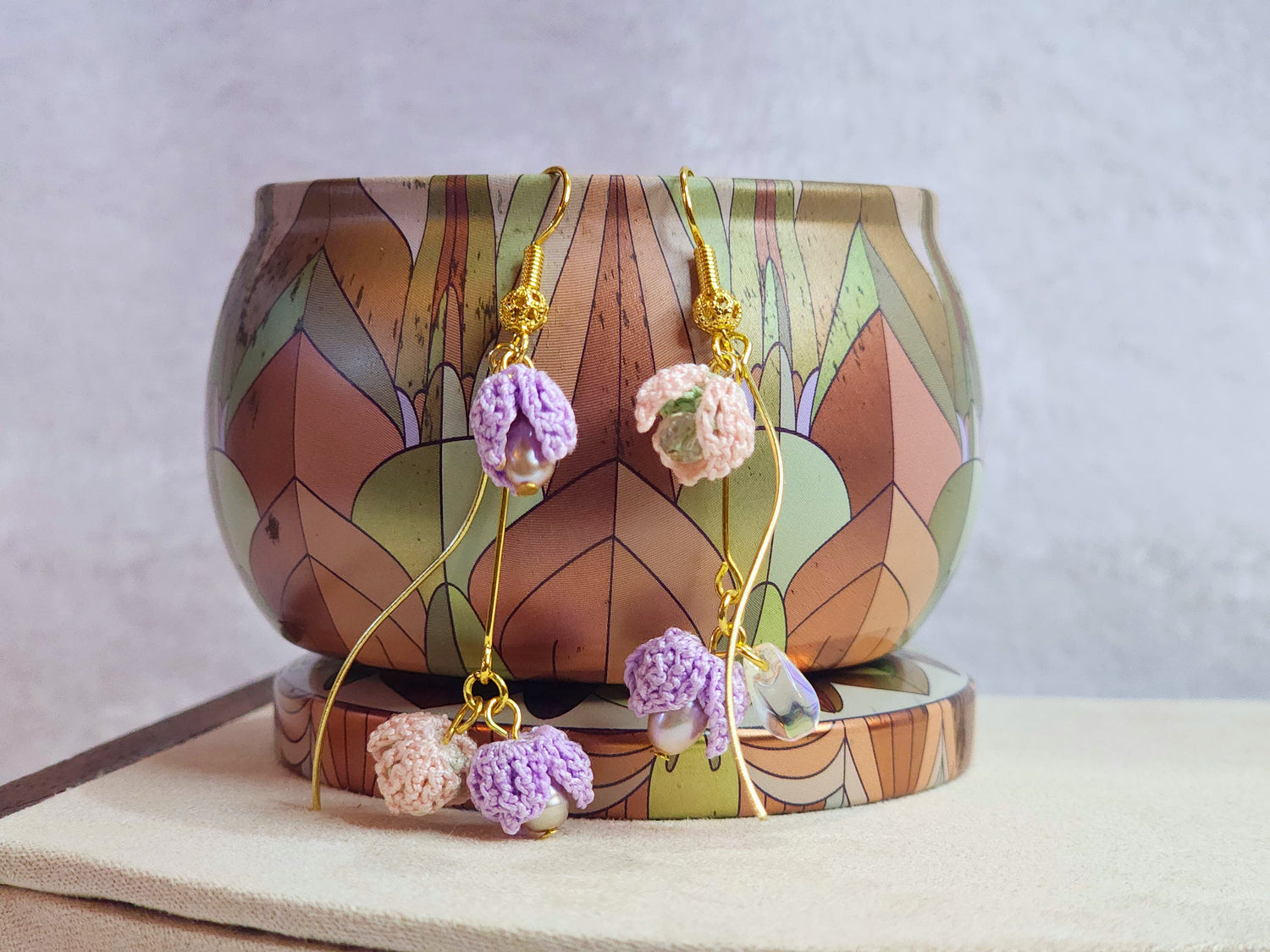 Handcrafted purple & pink micro-crochet Snowdrop blossoms with pearls earrings. Dangling pair of earrings with 18K gold-plated findings & hooks.