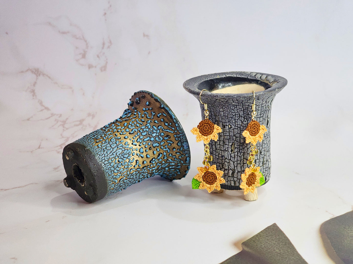 Handcrafted micro-crochet orange sunflowers duo with cascade of Miyuki waterdrop glass beads. 14K gold-plated ear hooks.