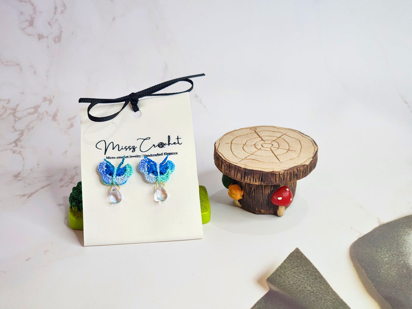 Micro-crochet Blue Butterflies with Waterdrop Beads Earrings