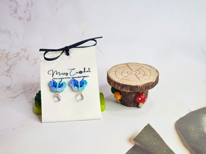 Micro-crochet Blue Butterflies with Waterdrop Beads Earrings