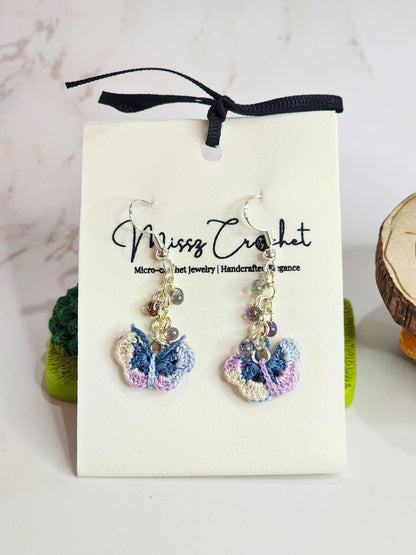 Handcrafted purple-blue micro-crochet butterfly with cascade of Miyuki glass beads earrings. S925 findings & hooks