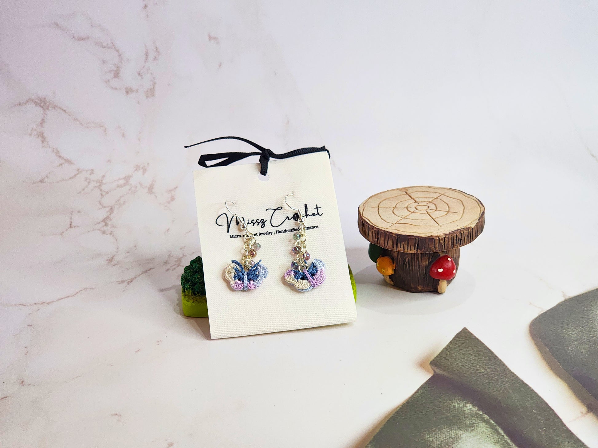 Handcrafted purple-blue micro-crochet butterfly with cascade of Miyuki glass beads earrings. S925 findings & hooks