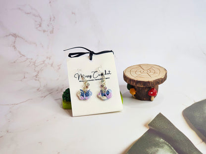 Handcrafted purple-blue micro-crochet butterfly with cascade of Miyuki glass beads earrings. S925 findings & hooks