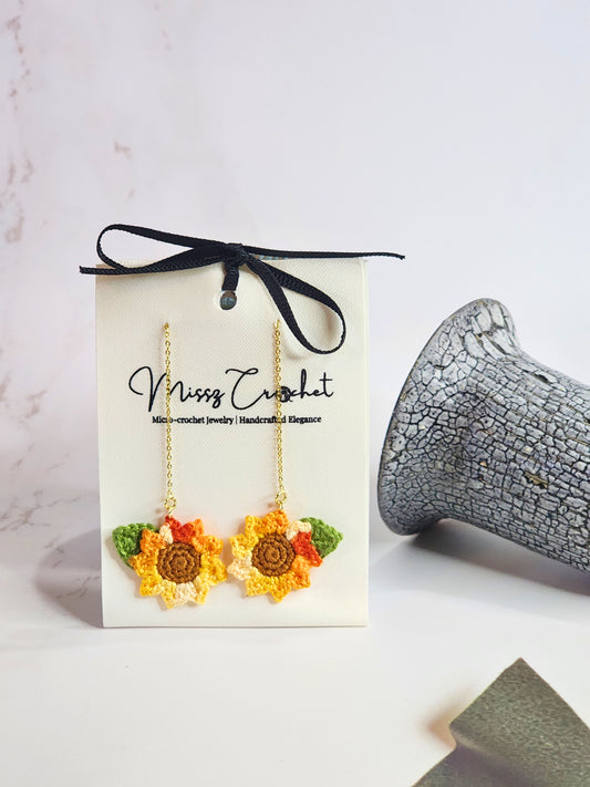 Handcrafted orange ombre sunflowers dangling earrings. 18K gold-plated chain