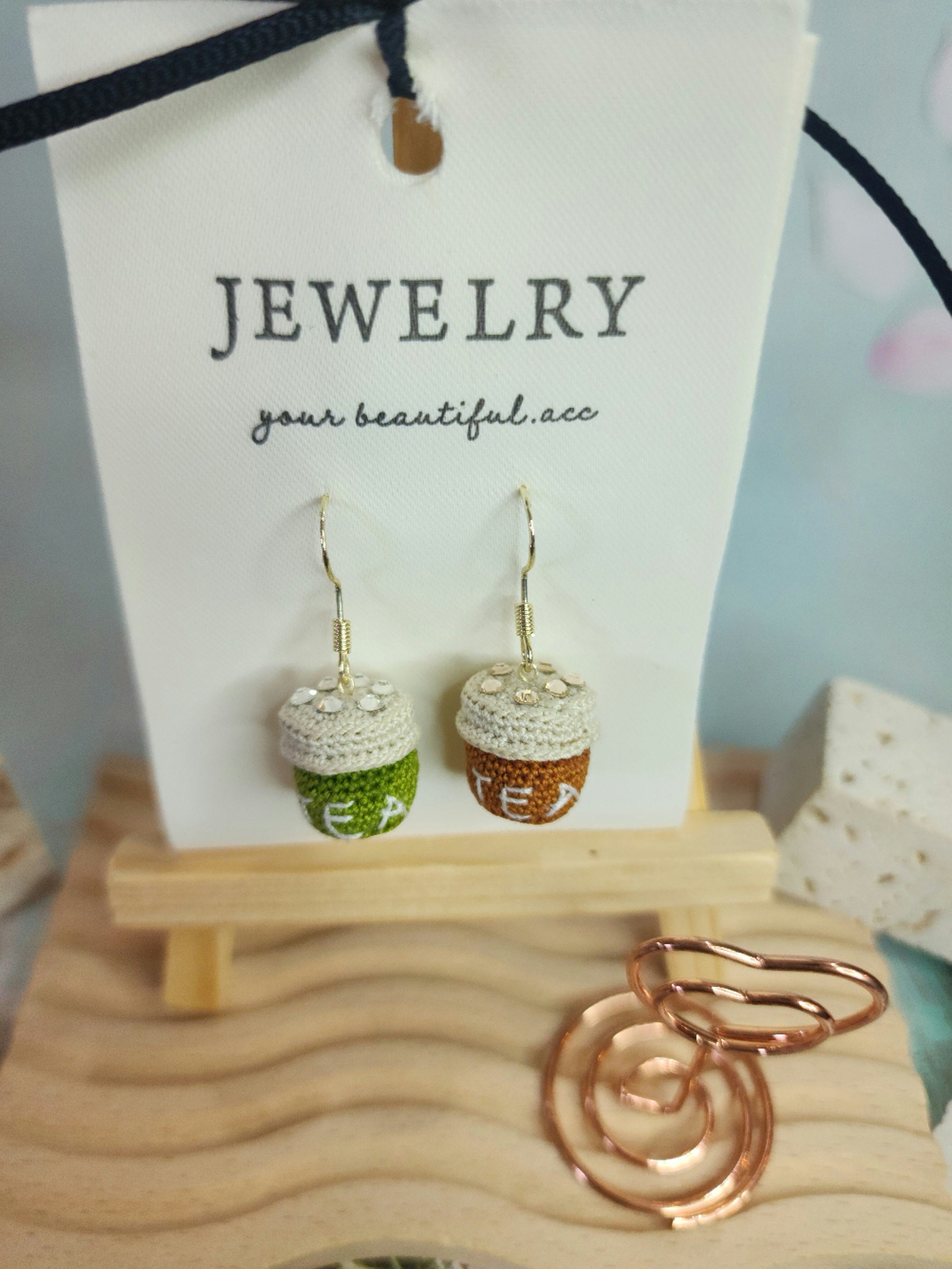 Unique artisan-crafted bubble and matcha tea micro-crochet earrings made with ultra-fine lace yarn and adorned with Swarovski crystals