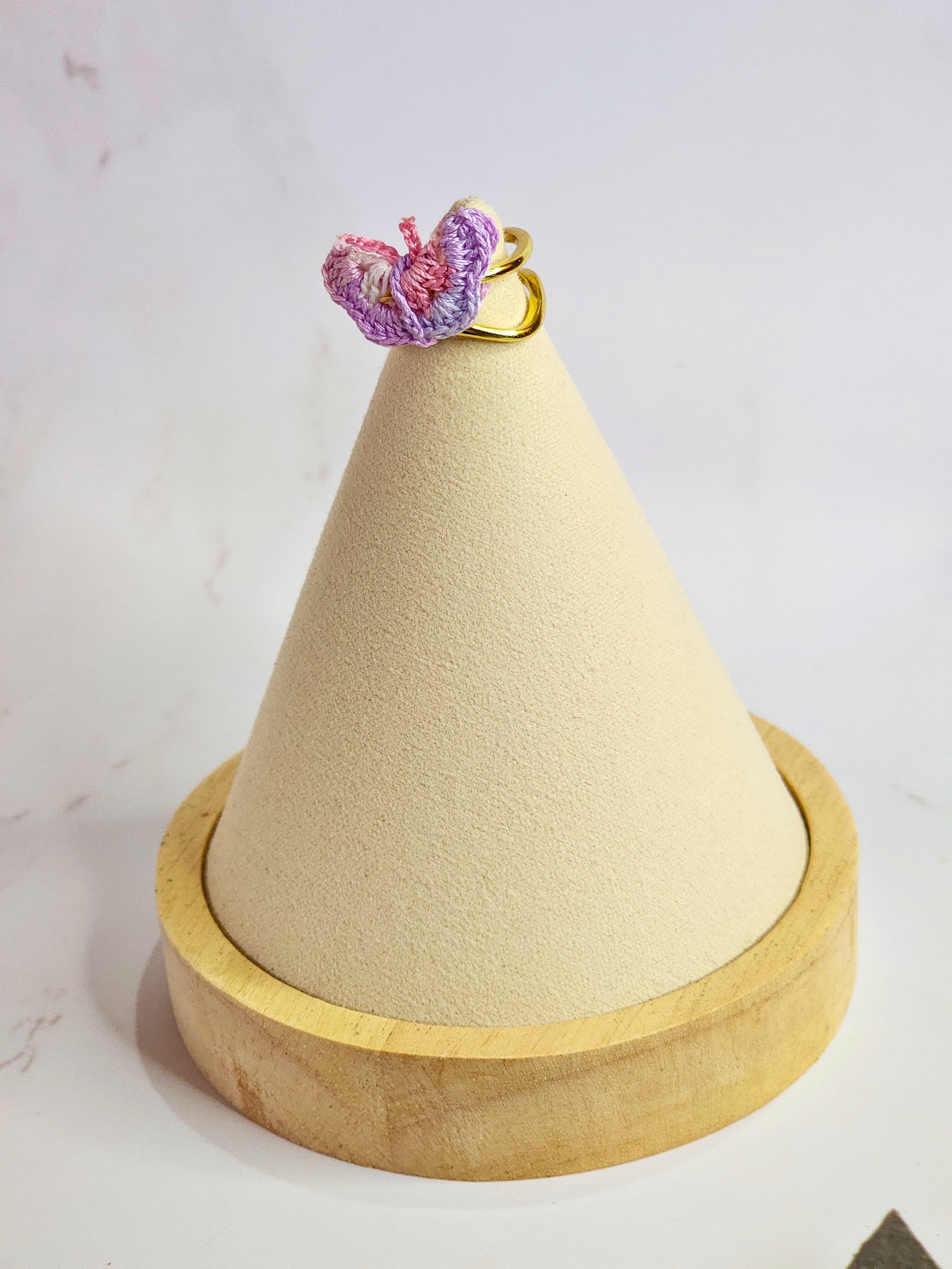 Handcrafted micro-crochet pink-purple butterfly ring. 18K gold-plated stainless steel adjustable ring.