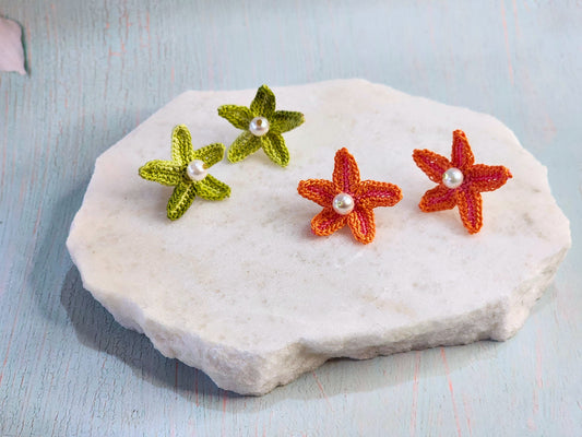 Handcrafted micro-crochet starfish earrings with 5mm natural freshwater pearls on 18K gold-plated studs