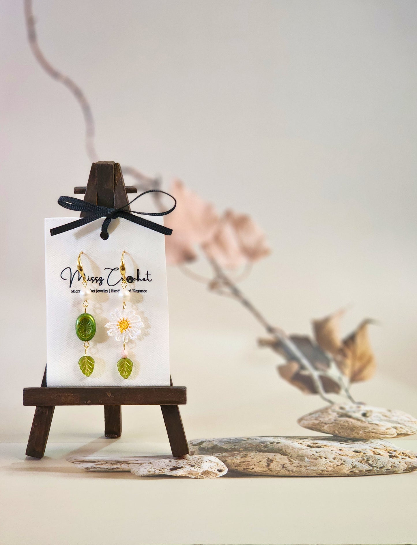 Handcrafted Daisies micro-crochet earrings with vintage leaf glass beads & freshwater pearls  