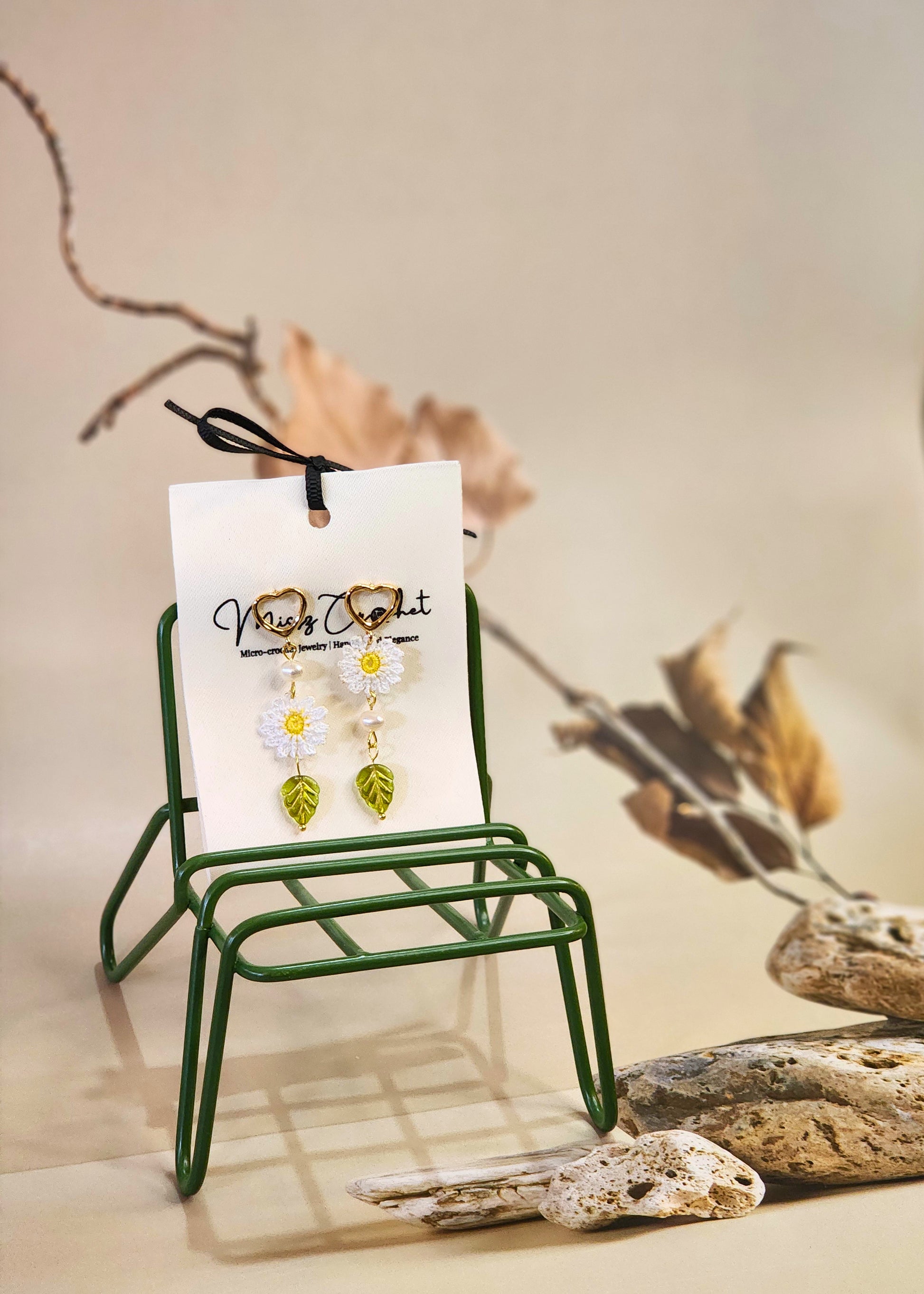 Handcrafted daisies with freshwater pearls & vintage leaf glass beads earrings. 18K gold-plated hooks