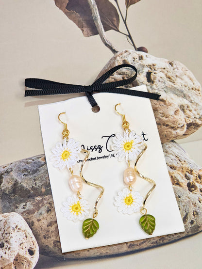 Handcrafted daisies micro-crochet chandelier earrings with freshwater pearls and Czech glass beads. 14K & 18K gold-plated hooks & findings. 
