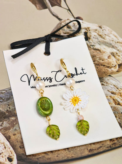 Handcrafted Daisies micro-crochet earrings with vintage leaf glass beads & freshwater pearls