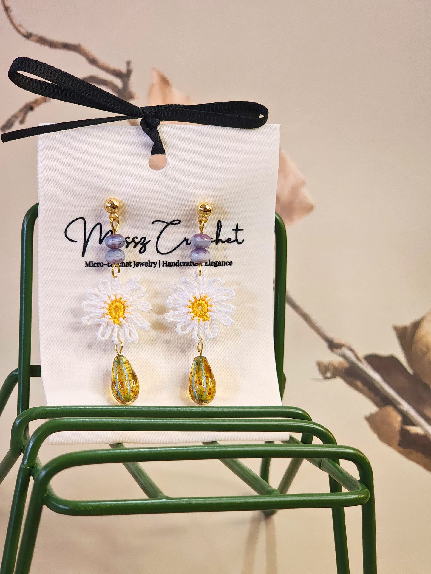 Handcrafted micro-crochet daisies with vintage Czech glass beads and 18K gold-plated findings & ear studs