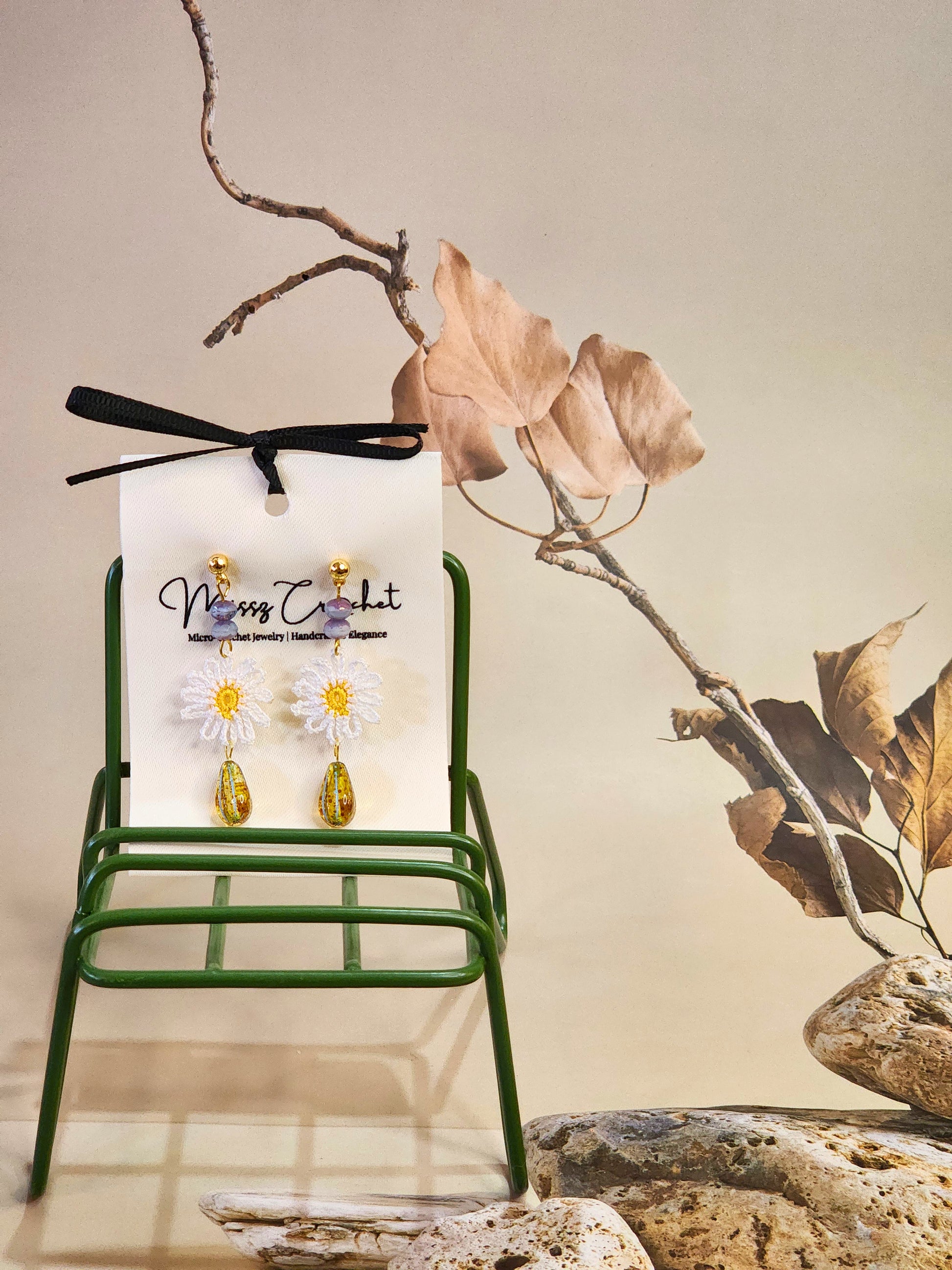 Handcrafted micro-crochet daisies with vintage Czech glass beads and 18K gold-plated findings & ear studs