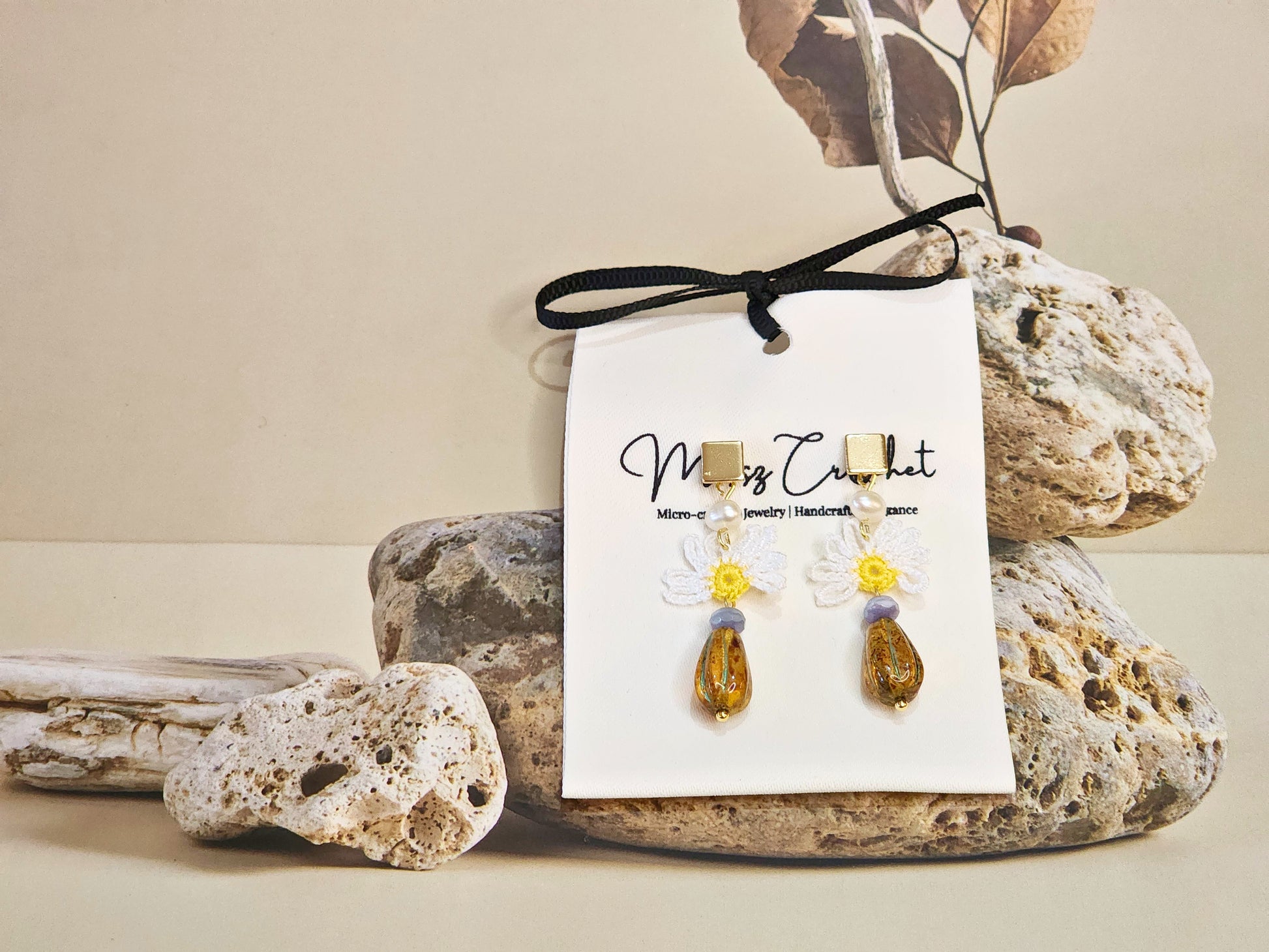 Handcrafted micro-crochet daisies earrings with freshwater pearls & vintage Czech glass beads. Styled with 18K gold-plated findings & studs