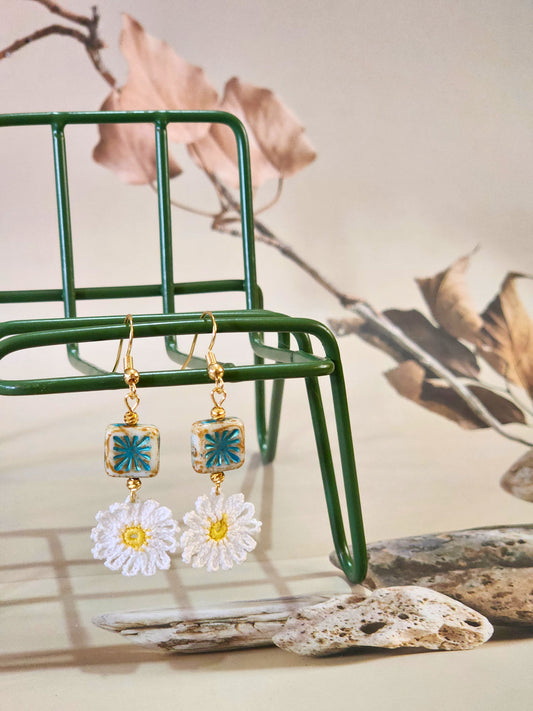 Handcrafted micro-crochet daisies accented with vintage Czech glass beads and 18K gold-plated beads & hooks