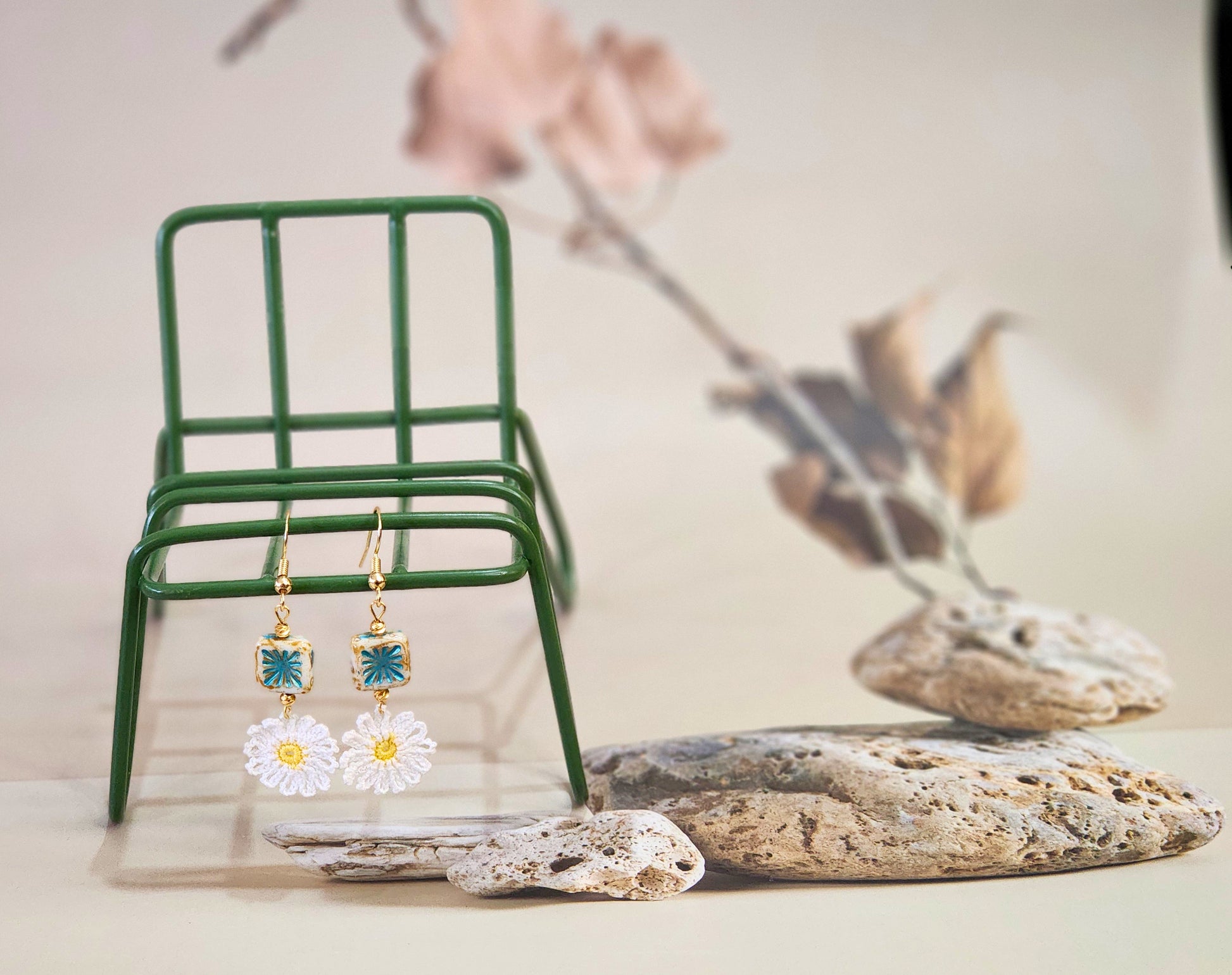 Handcrafted micro-crochet daisies accented with vintage Czech glass beads and 18K gold-plated beads & hooks