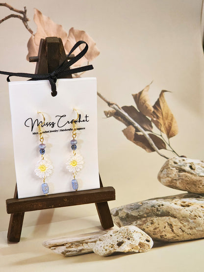 Handcrafted micro-crochet daisies paired with vintage Czech glass beads and 18K gold-plated findings & hooks 