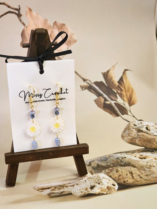 Handcrafted micro-crochet daisies paired with vintage Czech glass beads and 18K gold-plated findings & hooks 
