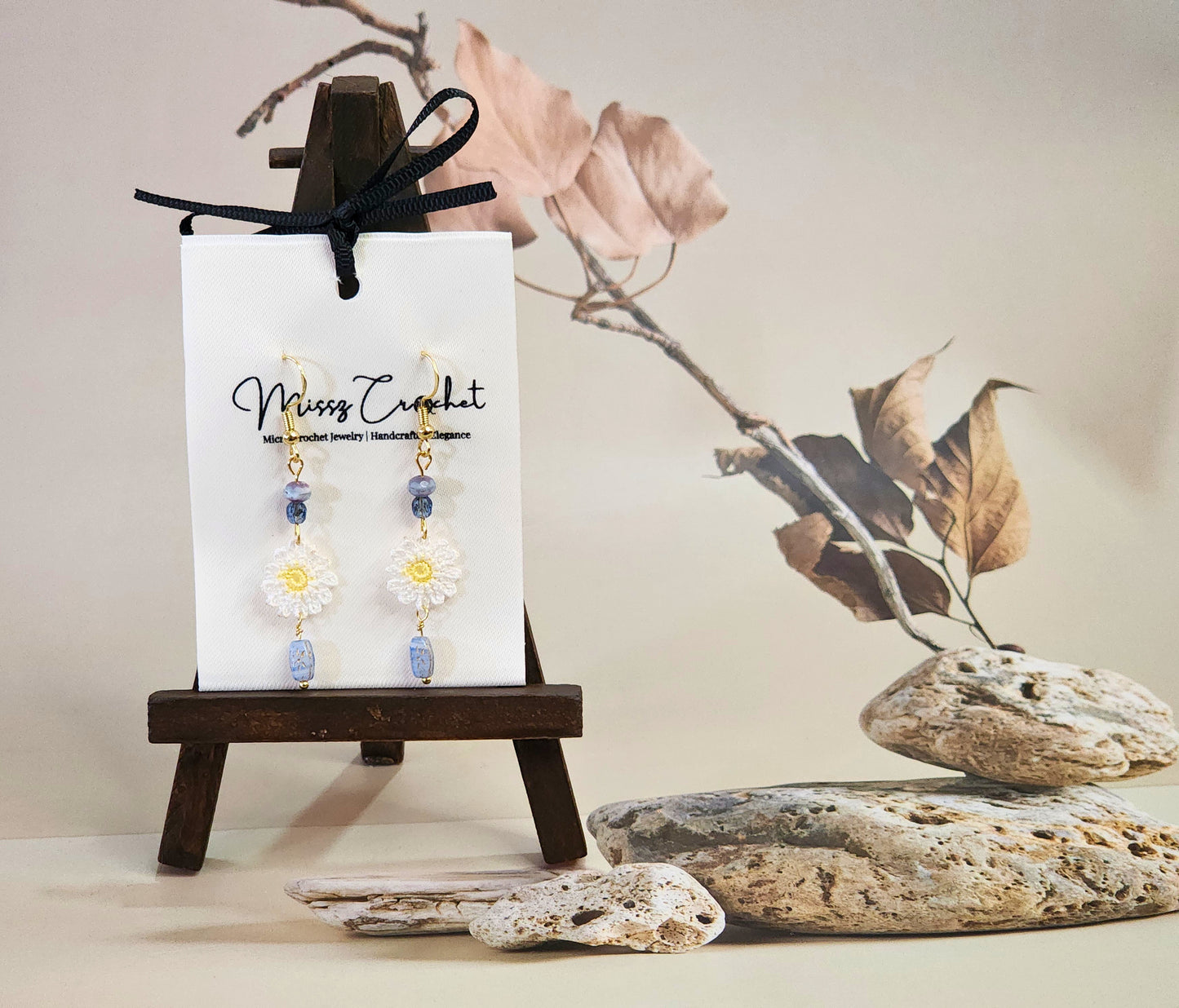 Handcrafted micro-crochet daisies paired with vintage Czech glass beads and 18K gold-plated findings & hooks