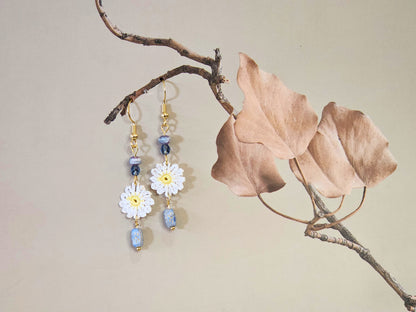 Handcrafted micro-crochet daisies paired with vintage Czech glass beads and 18K gold-plated findings & hooks