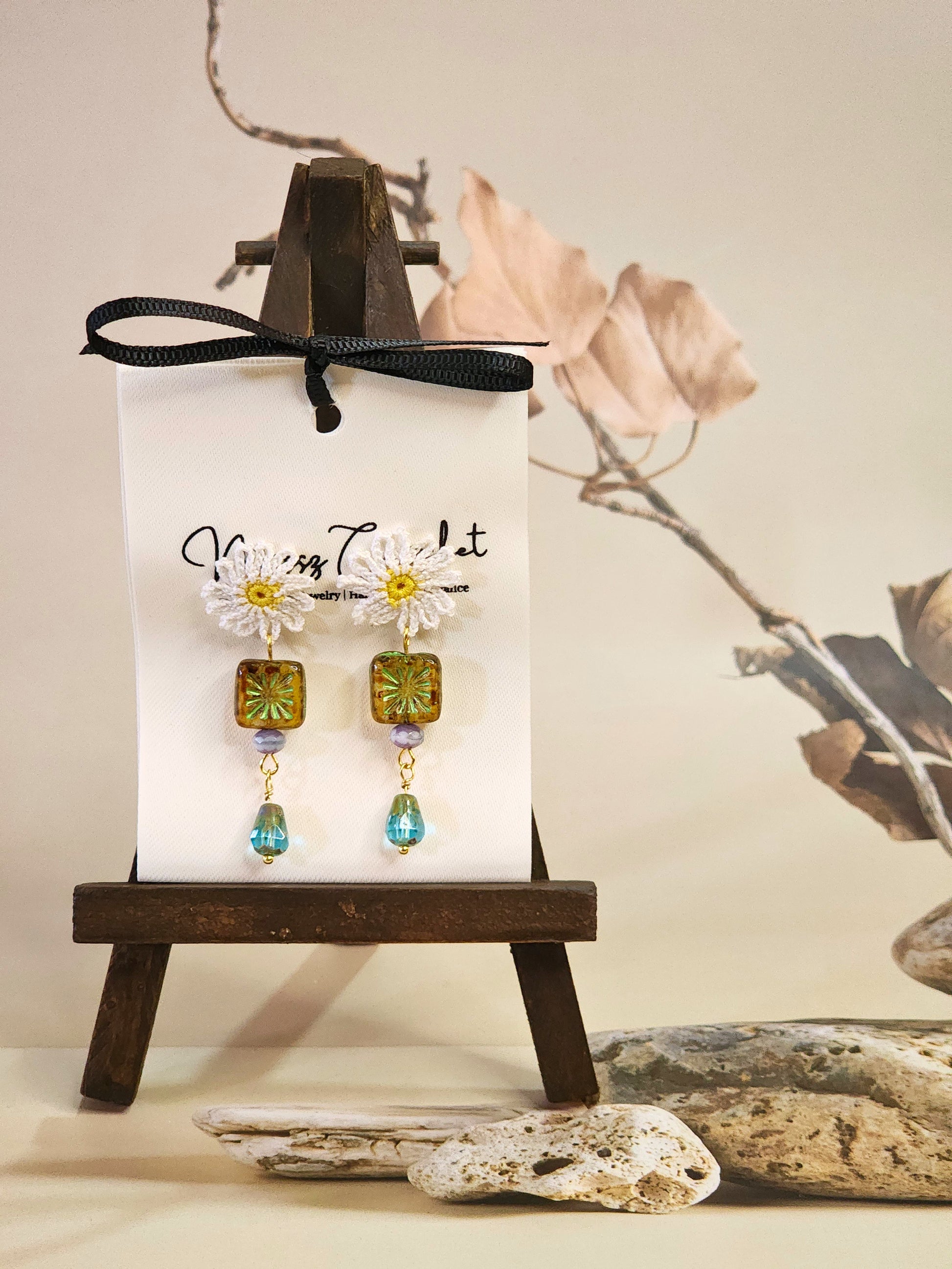 Handcrafted micro-crochet daisies accented with unique vintage Czech glass beads on 18K gold-plated studs 