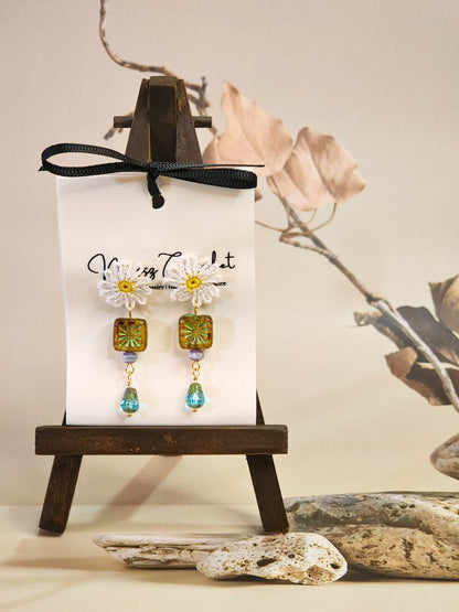 Handcrafted micro-crochet daisies accented with unique vintage Czech glass beads on 18K gold-plated studs 