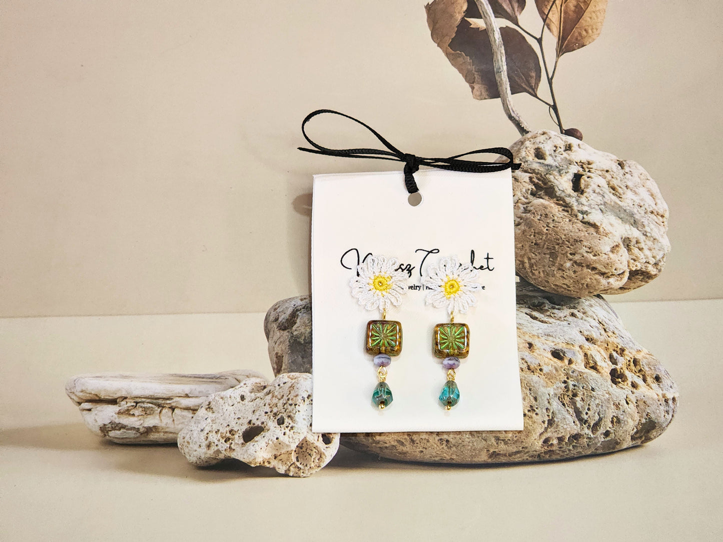Handcrafted micro-crochet daisies accented with unique vintage Czech glass beads on 18K gold-plated studs
