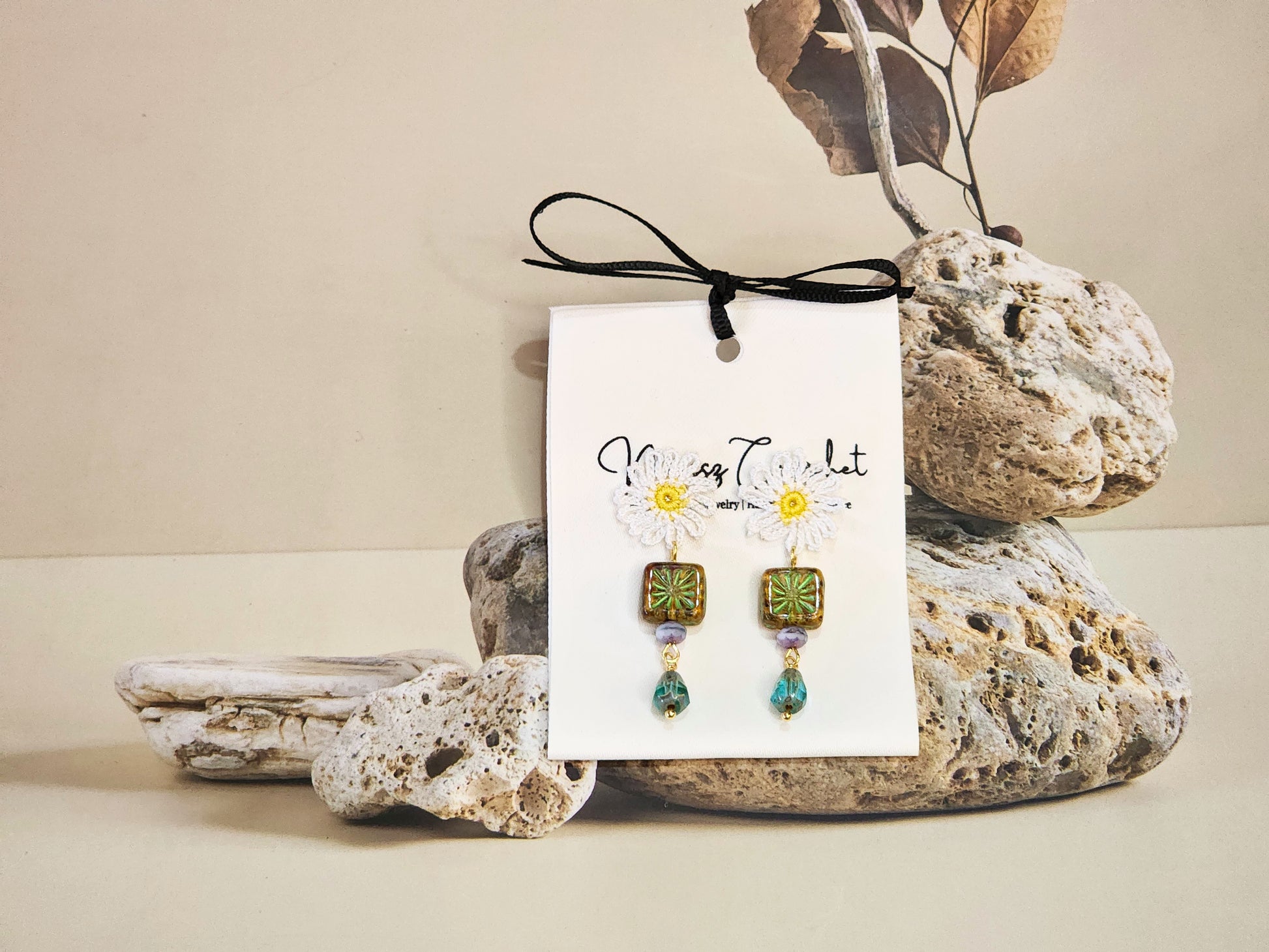 Handcrafted micro-crochet daisies accented with unique vintage Czech glass beads on 18K gold-plated studs