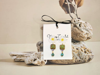 Handcrafted micro-crochet daisies accented with unique vintage Czech glass beads on 18K gold-plated studs