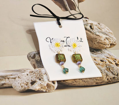 Handcrafted micro-crochet daisies accented with unique vintage Czech glass beads on 18K gold-plated studs