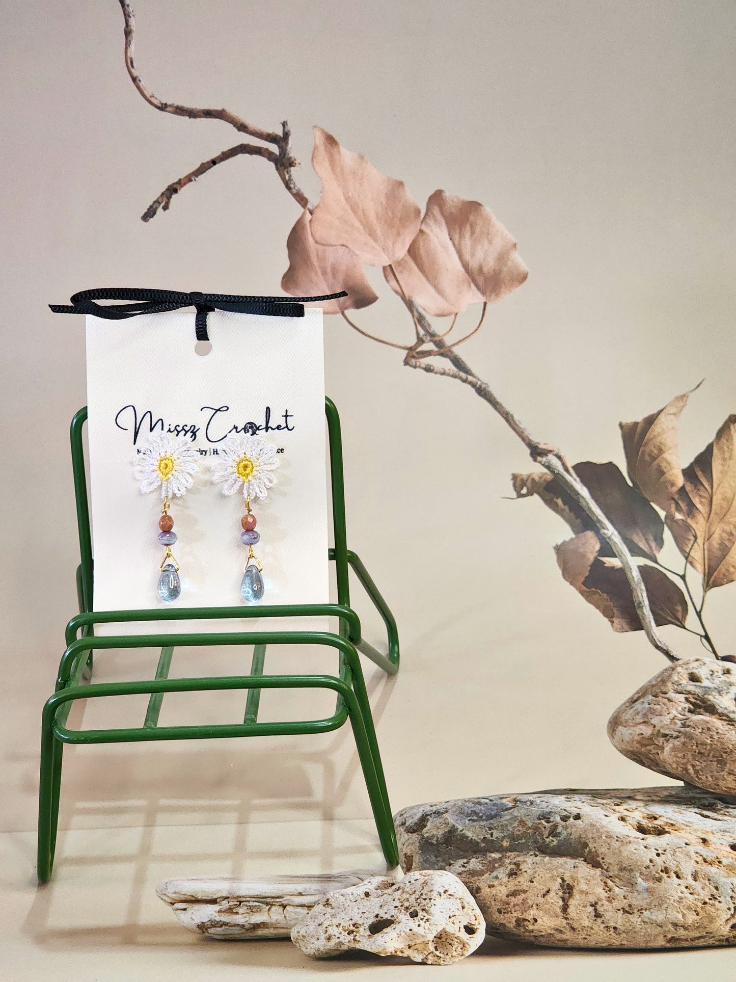 Handcrafted micro-crochet daisies with vintage Czech glass beads. Paired with 18K gold-plated findings & studs.